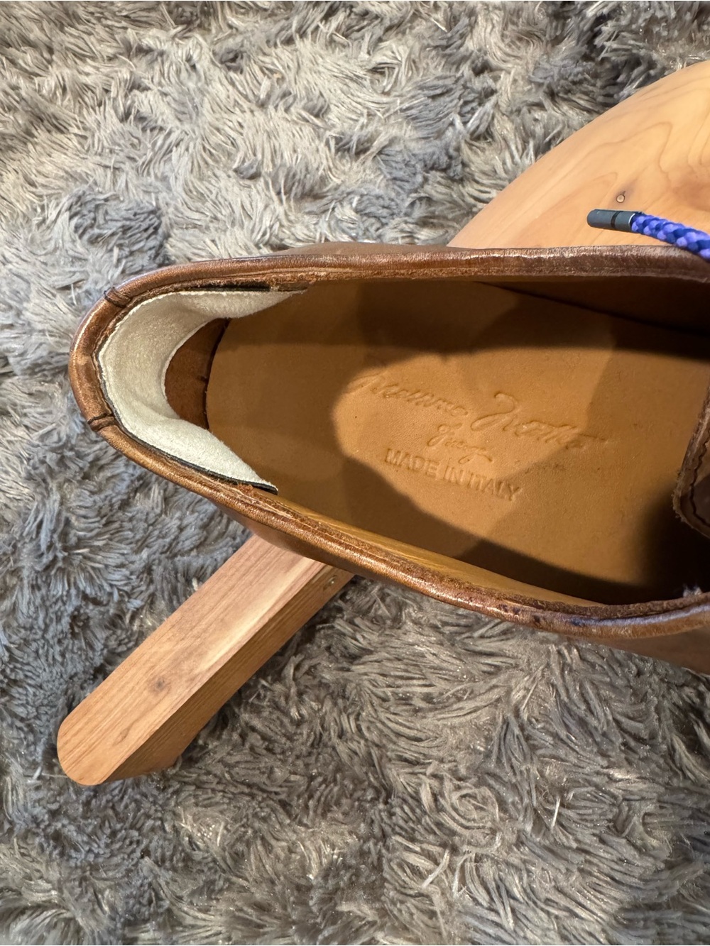 Men's Tan Leather Derby Shoes with Blue/Purple Laces by CUOIO. Made in Italy - Picture 12 of 14